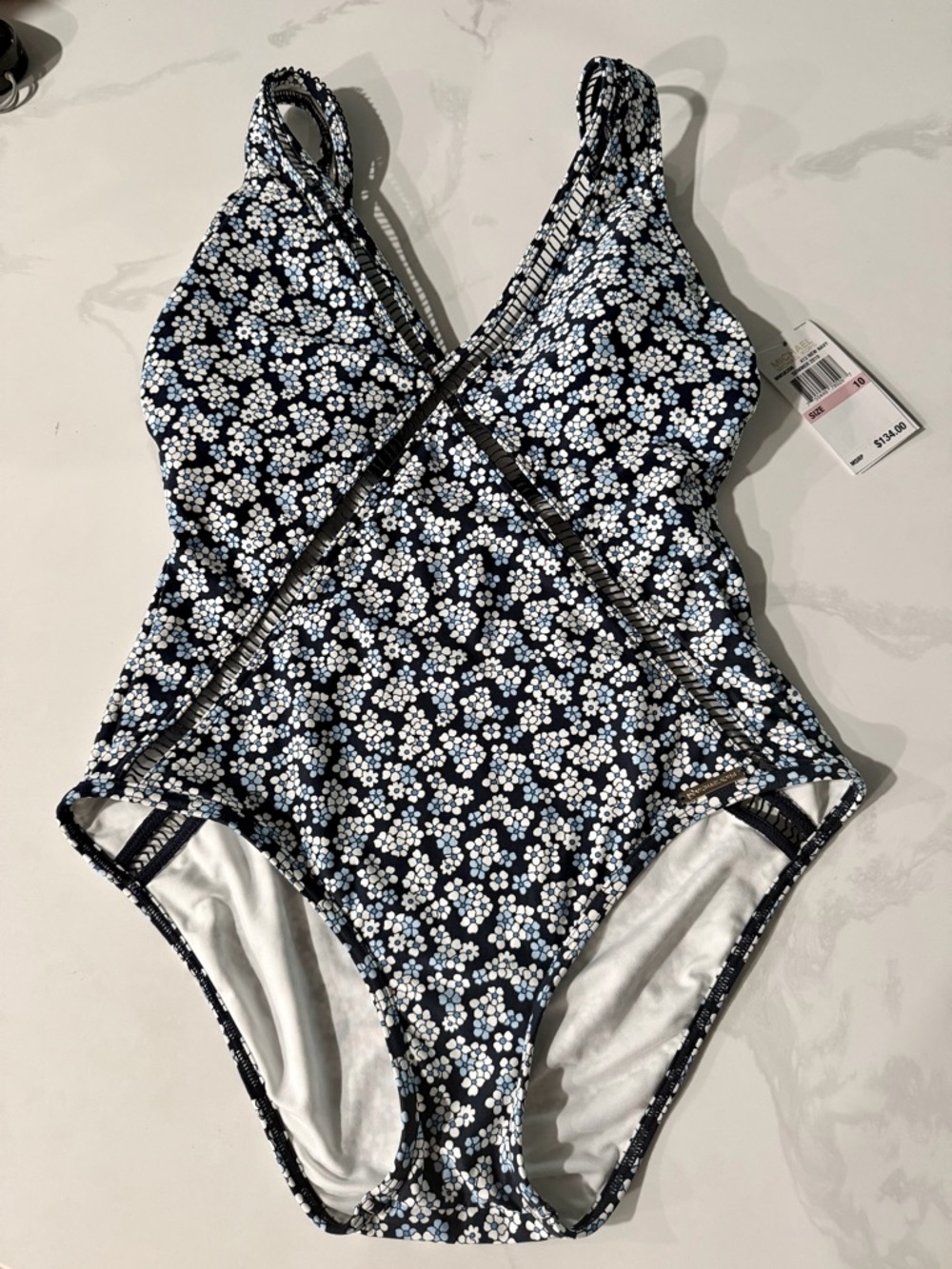 Michael Kors Navy and White Floral One-Piece Swimsuit Sz 10